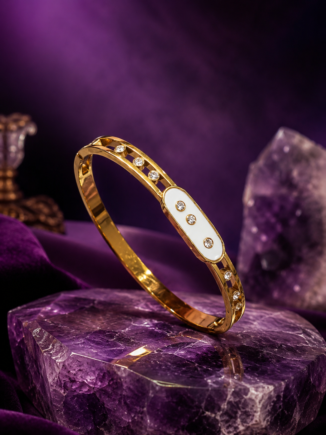 Luxury White Enamel Crystal Bracelet – Gold Plated Elegance