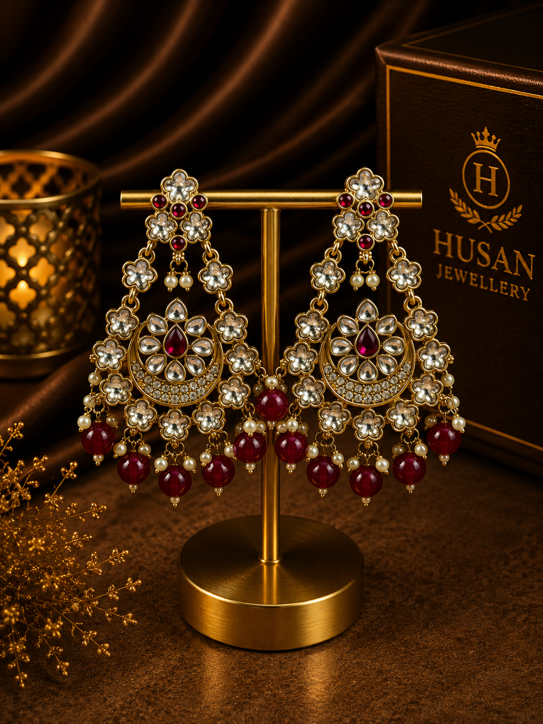 ❤️ Noor Ruby Floral Chandbali Earrings