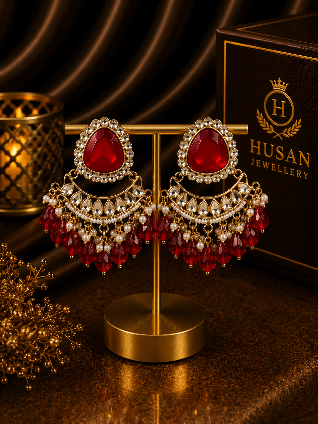 ❤️ Noor Ruby Crystal Chandbali Earrings