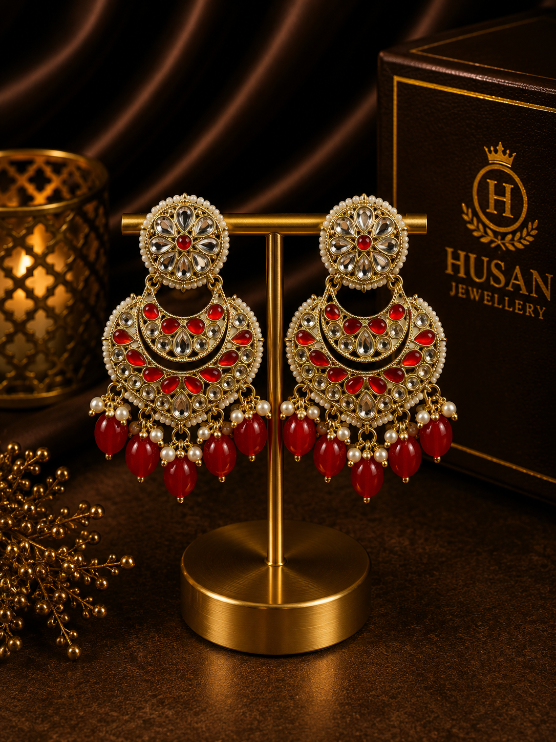 ❤️ Noor Ruby Crystal Chandbali Earrings